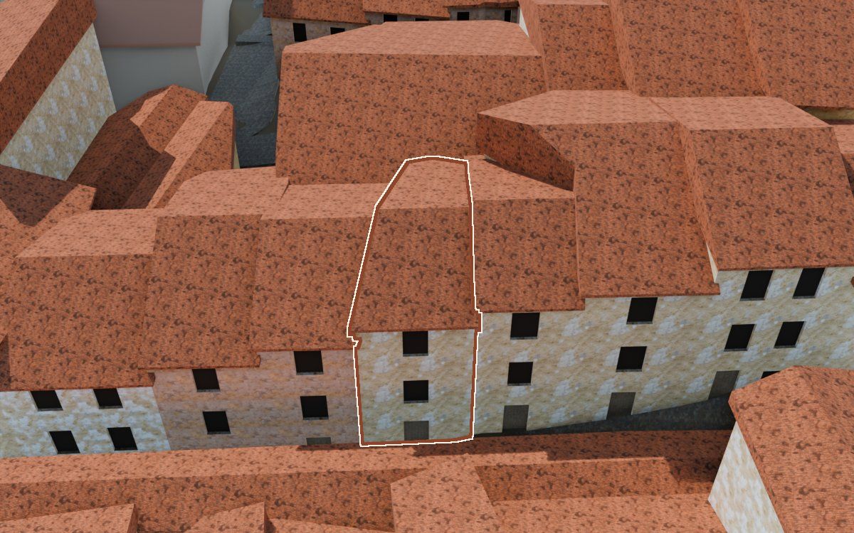 Manzana 32, n.º 24 en la reconstrucción 3D, vista desde el lado en que mejor se ve, con su contorno marcado en teja entre las casas de alrededor