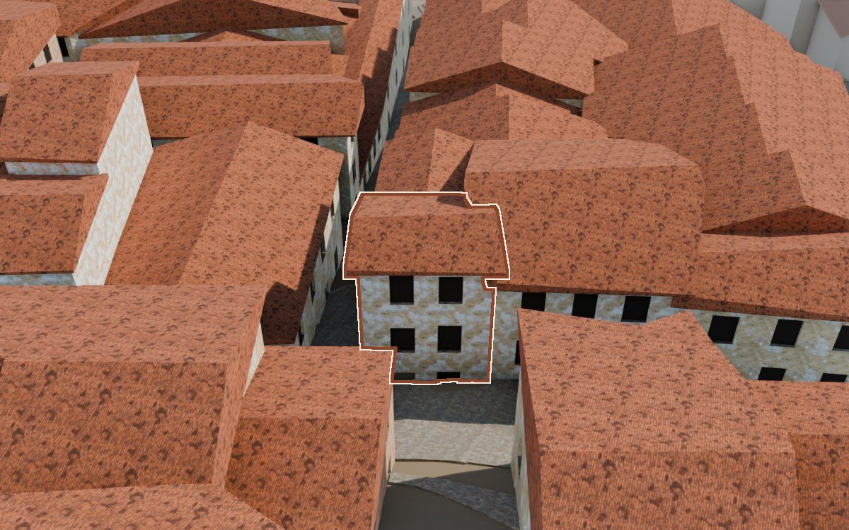 Manzana 32, n.º 16 en la reconstrucción 3D, vista desde su calle, con su contorno marcado en teja entre las casas de alrededor