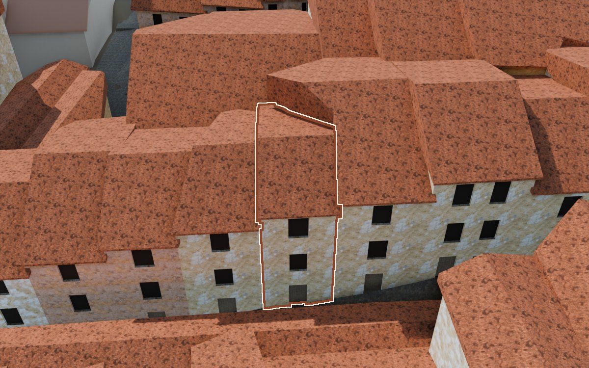 Manzana 32, n.º 23 en la reconstrucción 3D, vista desde el lado en que mejor se ve, con su contorno marcado en teja entre las casas de alrededor