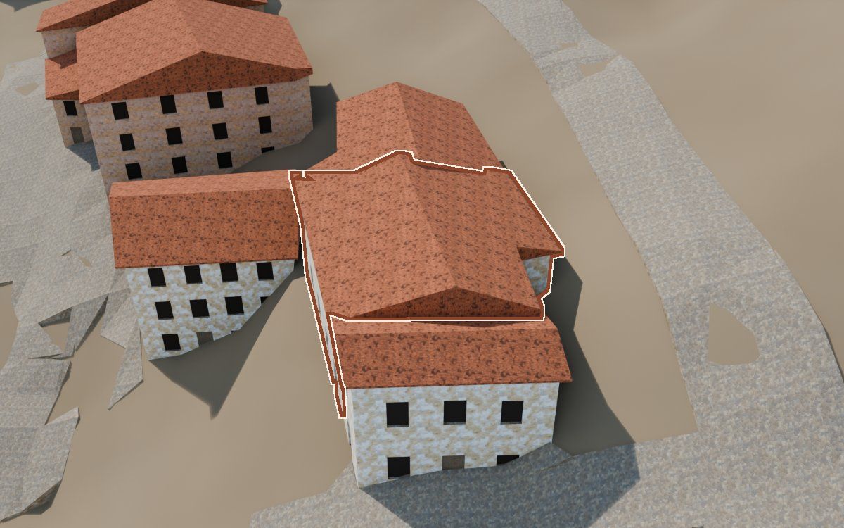 Manzana 67, n.º 3 en la reconstrucción 3D, vista desde su calle, con su contorno marcado en teja entre las casas de alrededor