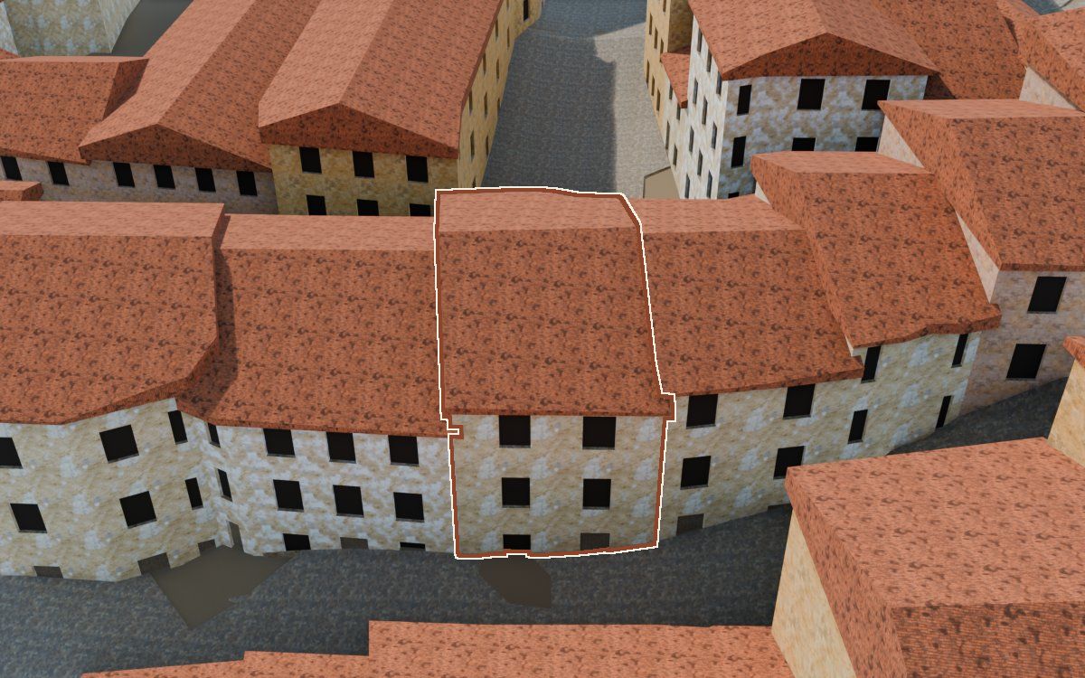 Manzana 27, n.º 9 en la reconstrucción 3D, vista desde su calle, con su contorno marcado en teja entre las casas de alrededor