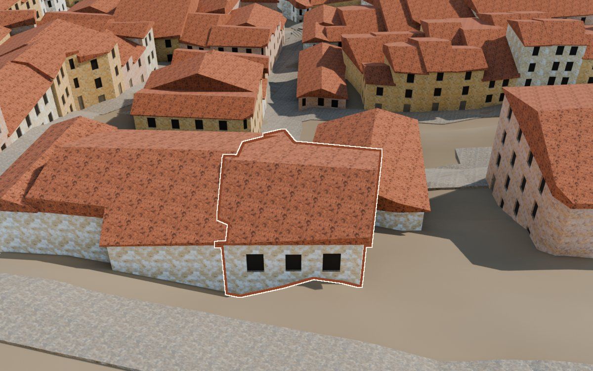 Manzana 67, n.º 4 en la reconstrucción 3D, vista desde su calle, con su contorno marcado en teja entre las casas de alrededor