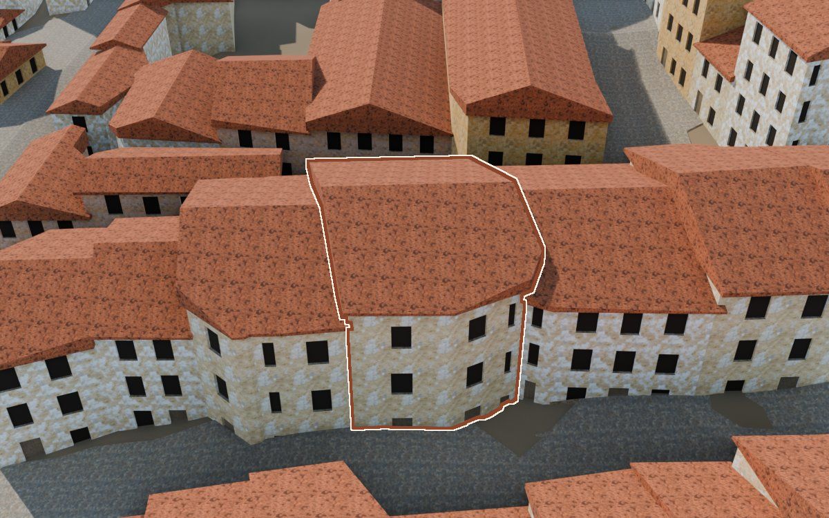 Manzana 27, n.º 3 y 12 en la reconstrucción 3D, vista desde su calle, con su contorno marcado en teja entre las casas de alrededor