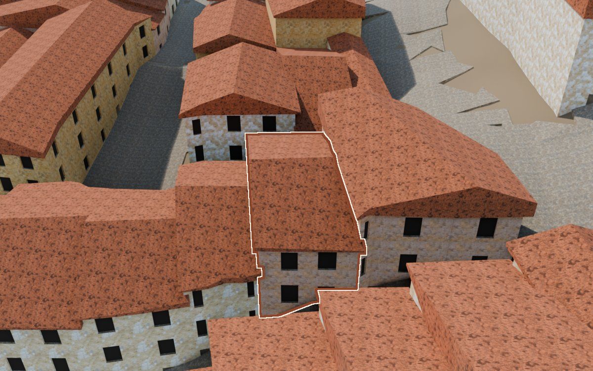 Manzana 27, n.º 6 en la reconstrucción 3D, vista desde su calle, con su contorno marcado en teja entre las casas de alrededor