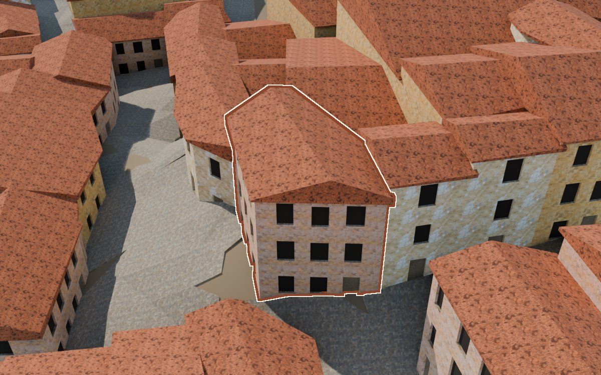 Manzana 41, n.º 7 en la reconstrucción 3D, vista desde su calle, con su contorno marcado en teja entre las casas de alrededor