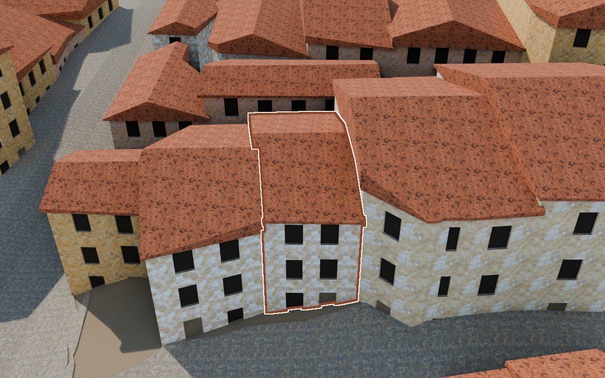 Manzana 27, n.º 14 en la reconstrucción 3D, vista desde su calle, con su contorno marcado en teja entre las casas de alrededor