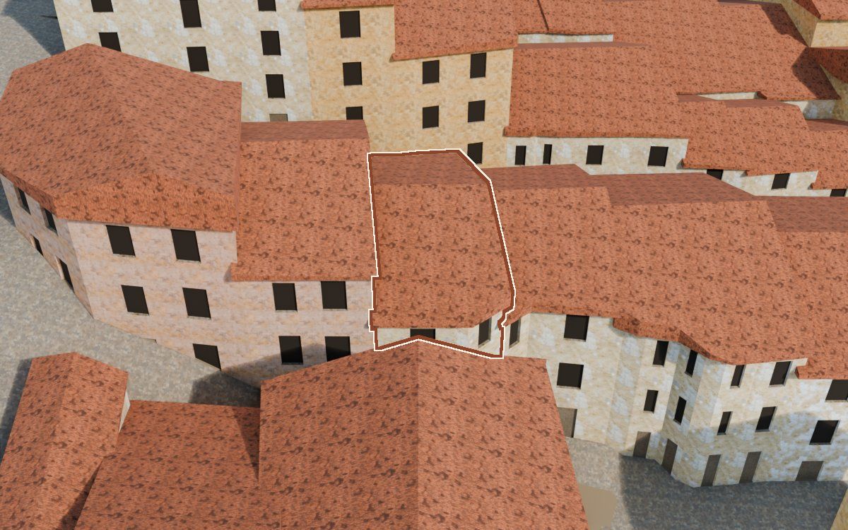 Manzana 27, n.º 7 en la reconstrucción 3D, vista desde su calle, con su contorno marcado en teja entre las casas de alrededor