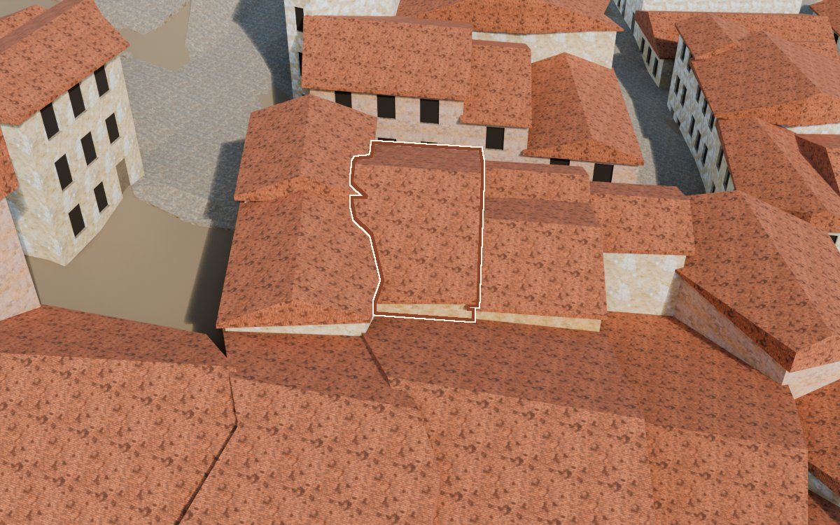 Manzana 41, n.º 2 en la reconstrucción 3D, vista desde su calle, con su contorno marcado en teja entre las casas de alrededor