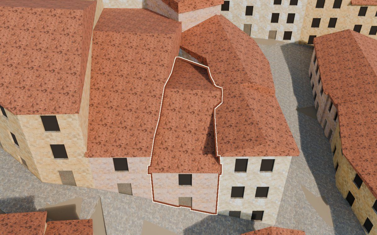 Manzana 41, n.º 13 en la reconstrucción 3D, vista desde el lado en que mejor se ve, con su contorno marcado en teja entre las casas de alrededor