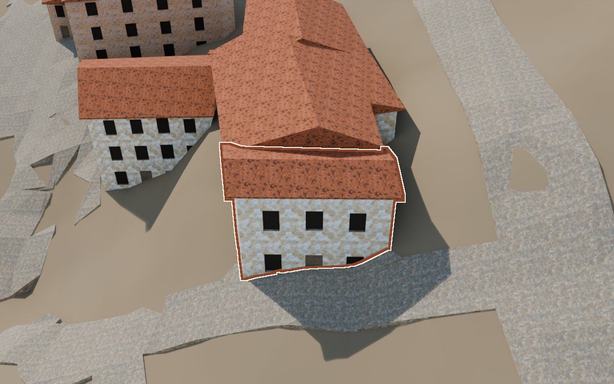 Manzana 67, n.º 2 en la reconstrucción 3D, vista desde su calle, con su contorno marcado en teja entre las casas de alrededor
