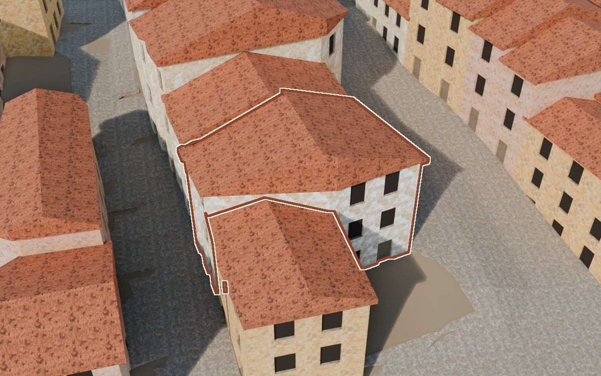 Manzana 27, n.º 15 en la reconstrucción 3D, vista desde su calle, con su contorno marcado en teja entre las casas de alrededor