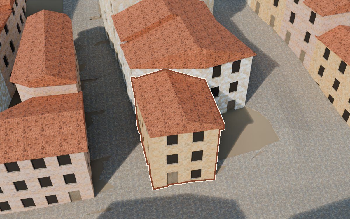 Manzana 27, n.º 17 en la reconstrucción 3D, vista desde el lado en que mejor se ve, con su contorno marcado en teja entre las casas de alrededor