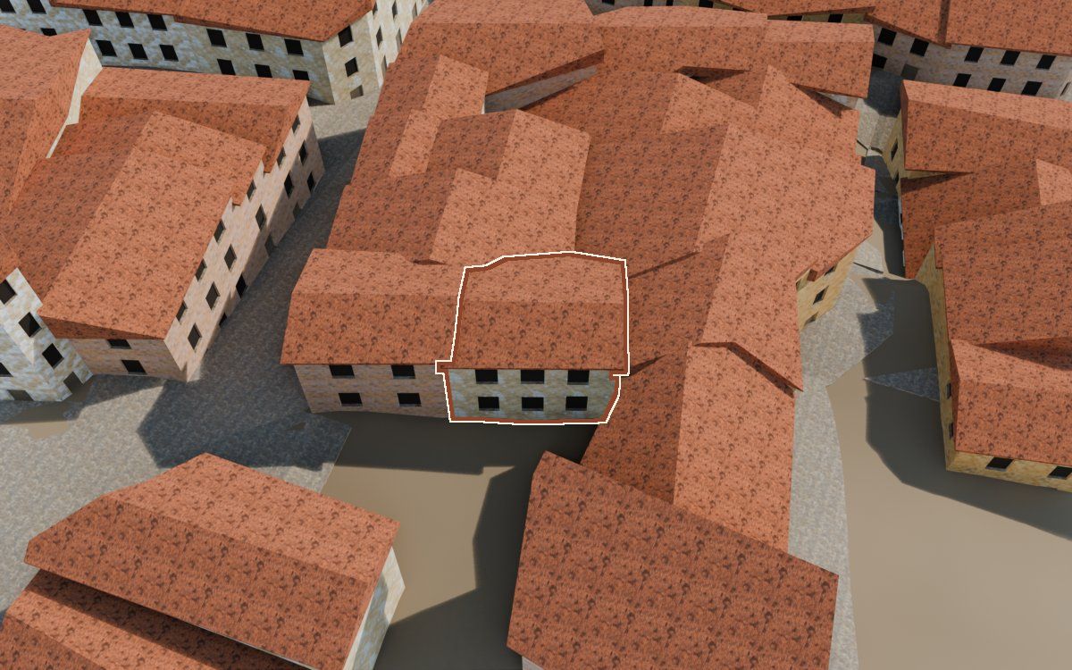 Manzana 41, n.º 18 en la reconstrucción 3D, vista desde el lado en que mejor se ve, con su contorno marcado en teja entre las casas de alrededor