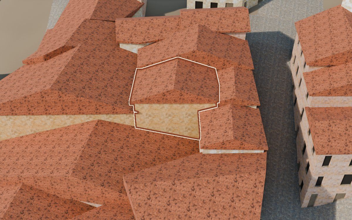 Manzana 41, n.º 4 en la reconstrucción 3D, vista desde su calle, con su contorno marcado en teja entre las casas de alrededor