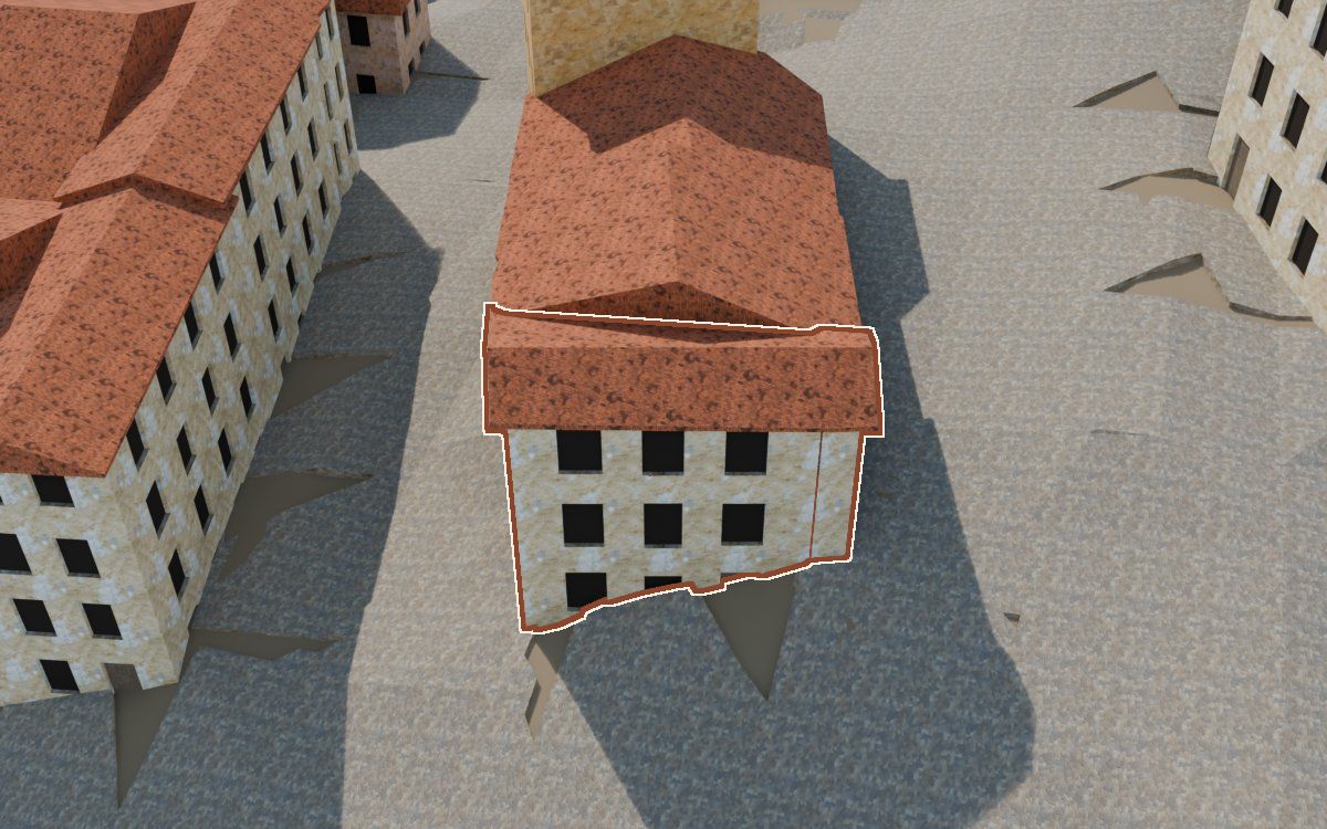 Manzana 50, n.º 4 en la reconstrucción 3D, vista desde su calle, con su contorno marcado en teja entre las casas de alrededor