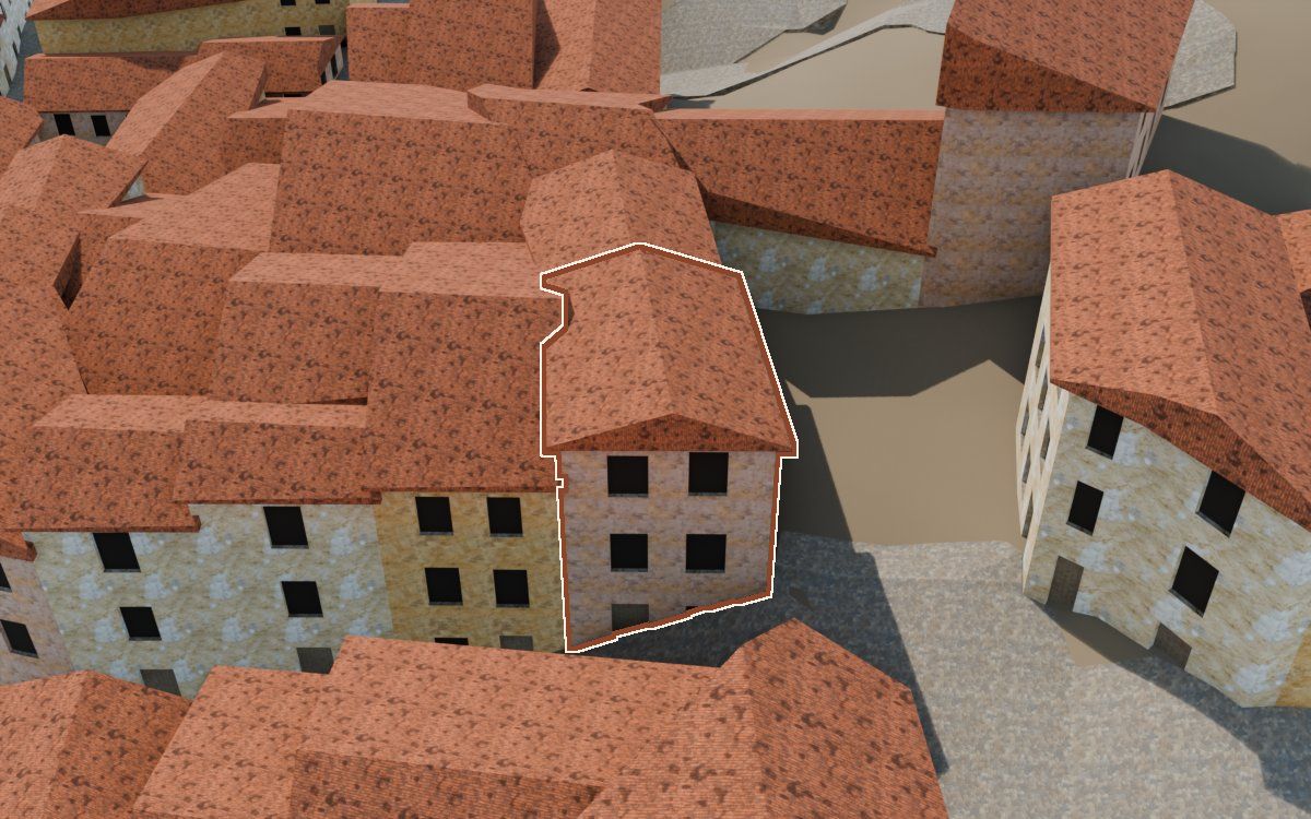 Manzana 41, n.º 1 en la reconstrucción 3D, vista desde su calle, con su contorno marcado en teja entre las casas de alrededor