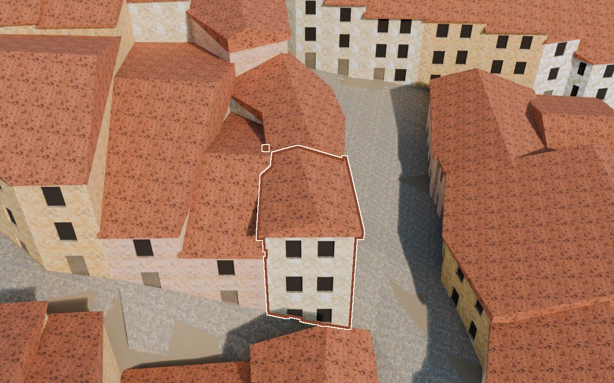 Manzana 41, n.º 12 en la reconstrucción 3D, vista desde el lado en que mejor se ve, con su contorno marcado en teja entre las casas de alrededor