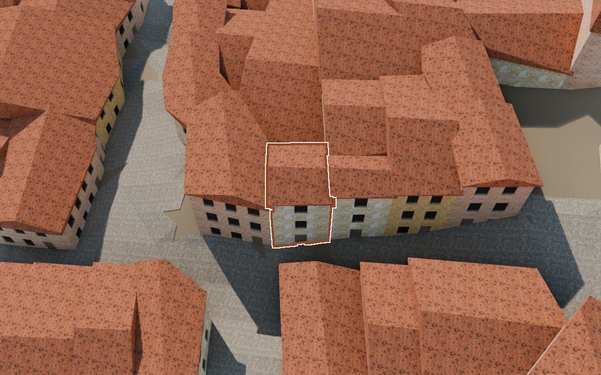 Manzana 41, n.º 5 en la reconstrucción 3D, vista desde el lado en que mejor se ve, con su contorno marcado en teja entre las casas de alrededor