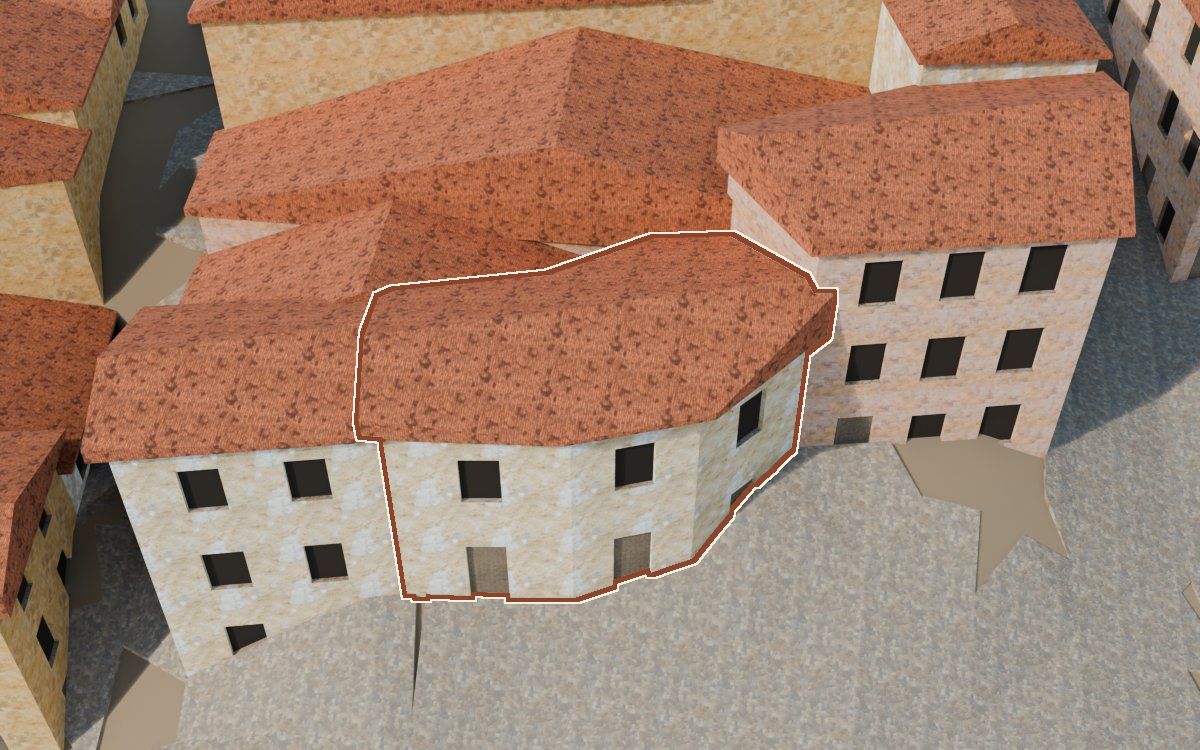 Manzana 41, n.º 11 en la reconstrucción 3D, vista desde el lado en que mejor se ve, con su contorno marcado en teja entre las casas de alrededor