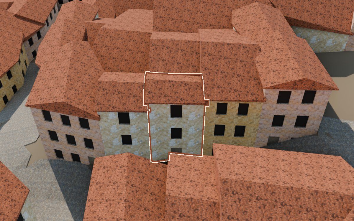 Manzana 41, n.º 3 en la reconstrucción 3D, vista desde el lado en que mejor se ve, con su contorno marcado en teja entre las casas de alrededor