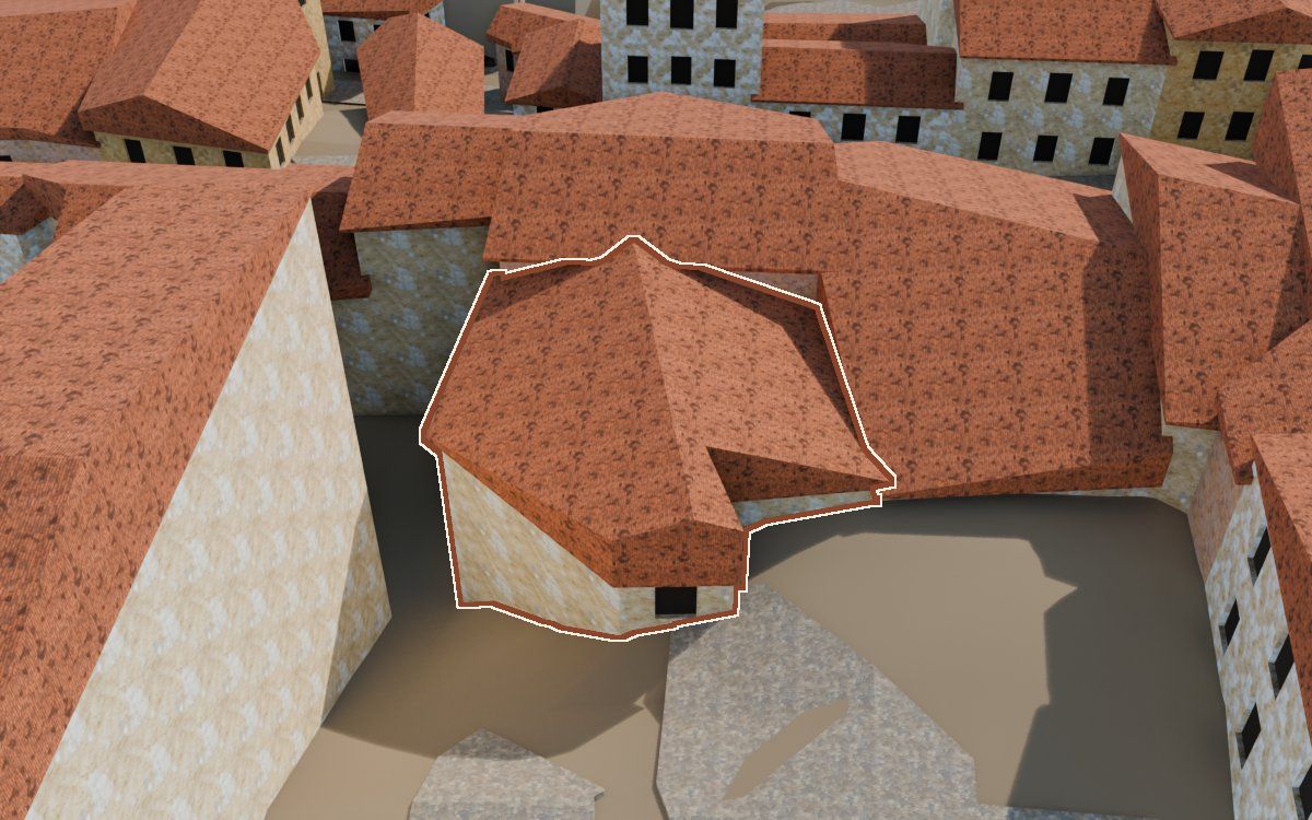 Casa del Carrer Conejos (Calle Conejos) en la reconstrucción 3D, vista desde el lado en que mejor se ve, con su contorno marcado en teja entre las casas de alrededor