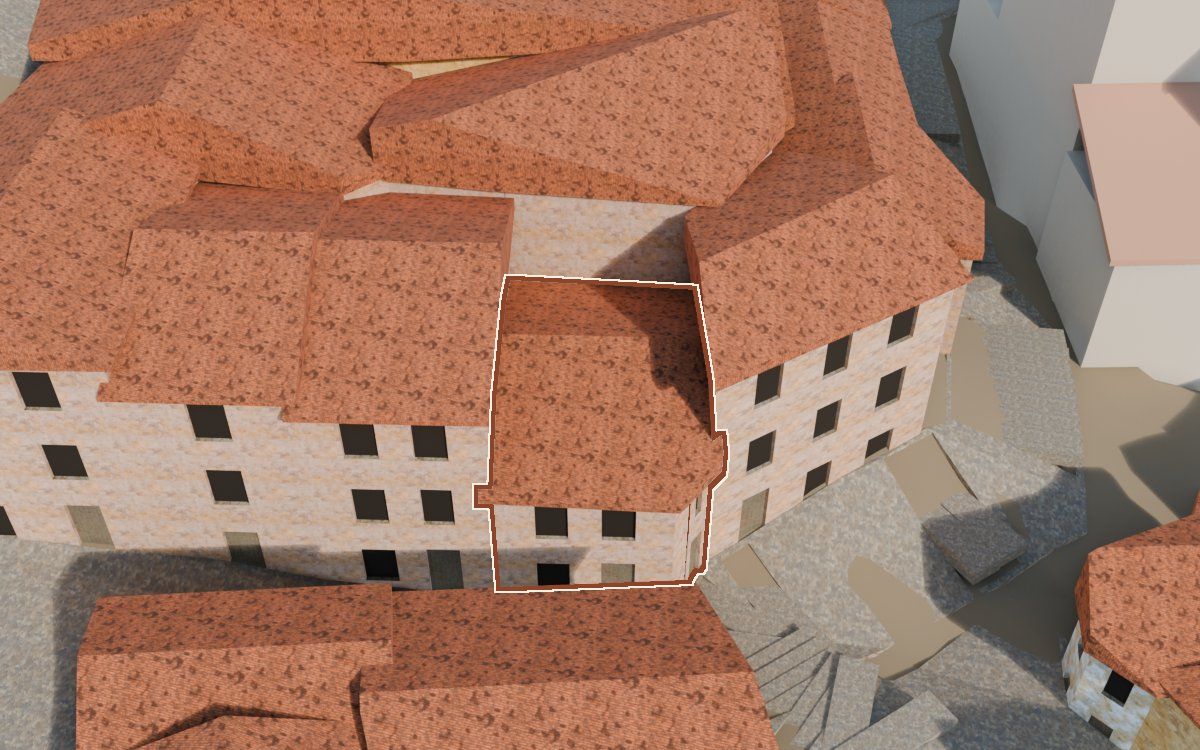 Manzana 31, junto al n.º 9 en la reconstrucción 3D, vista desde el lado en que mejor se ve, con su contorno marcado en teja entre las casas de alrededor