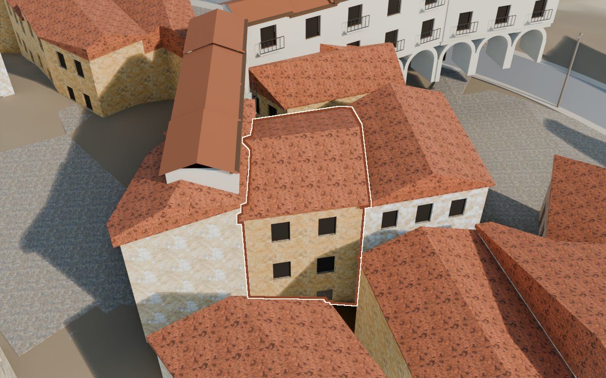 Casa del Carrer Faió (Calle Fayón) en la reconstrucción 3D, vista desde el lado en que mejor se ve, con su contorno marcado en teja entre las casas de alrededor