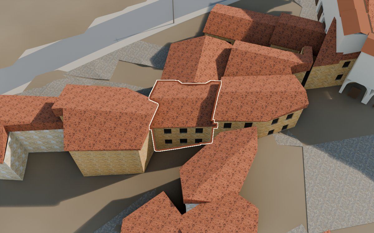 Casa del Carrer del Rosari (Calle del Rosario) en la reconstrucción 3D, vista desde el lado en que mejor se ve, con su contorno marcado en teja entre las casas de alrededor