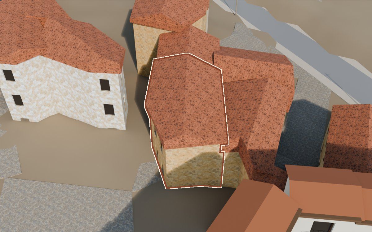Casa del Carrer del Rosari (Calle del Rosario) en la reconstrucción 3D, vista desde el lado en que mejor se ve, con su contorno marcado en teja entre las casas de alrededor