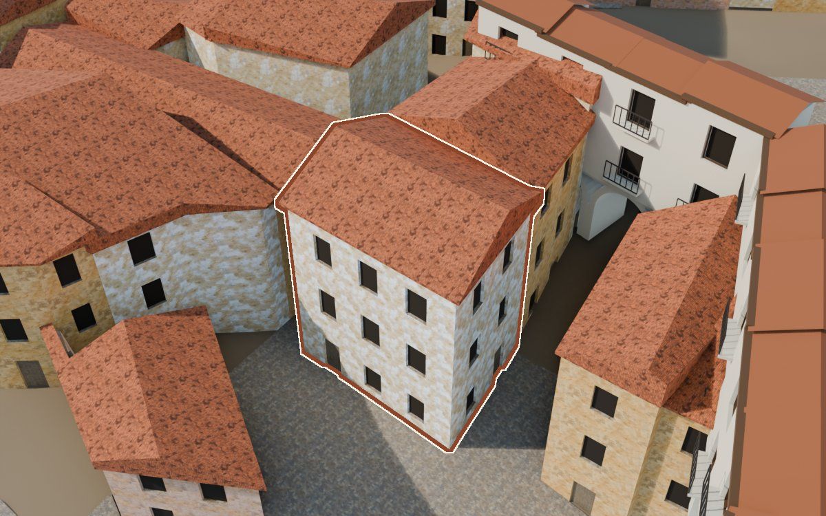 Casa del Carrer Faió (Calle Fayón) en la reconstrucción 3D, vista desde el lado en que mejor se ve, con su contorno marcado en teja entre las casas de alrededor