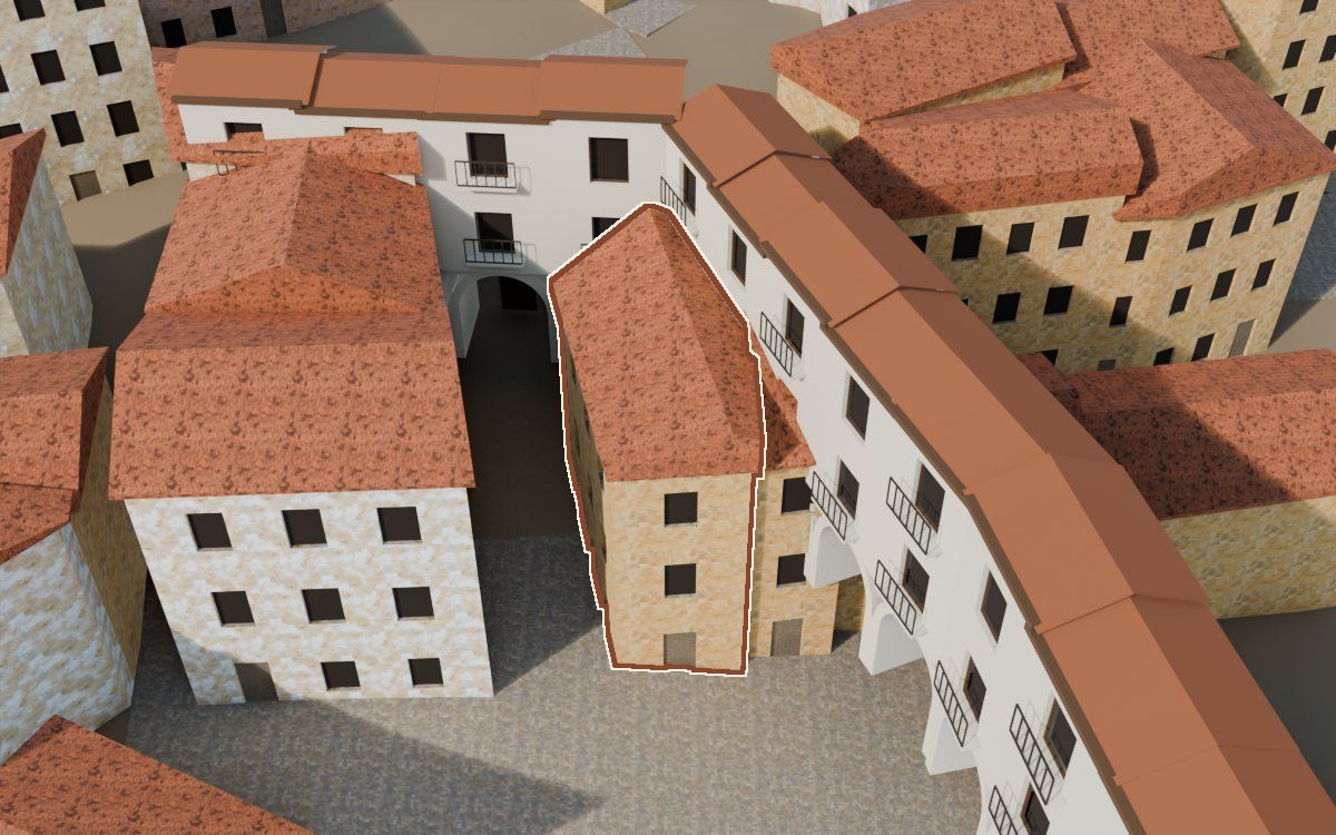 Casa del Carrer Faió (Calle Fayón) en la reconstrucción 3D, vista desde el lado en que mejor se ve, con su contorno marcado en teja entre las casas de alrededor