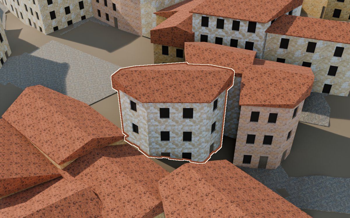 Casa del Carrer Oliver (Calle Oliver) en la reconstrucción 3D, vista desde su calle, con su contorno marcado en teja entre las casas de alrededor