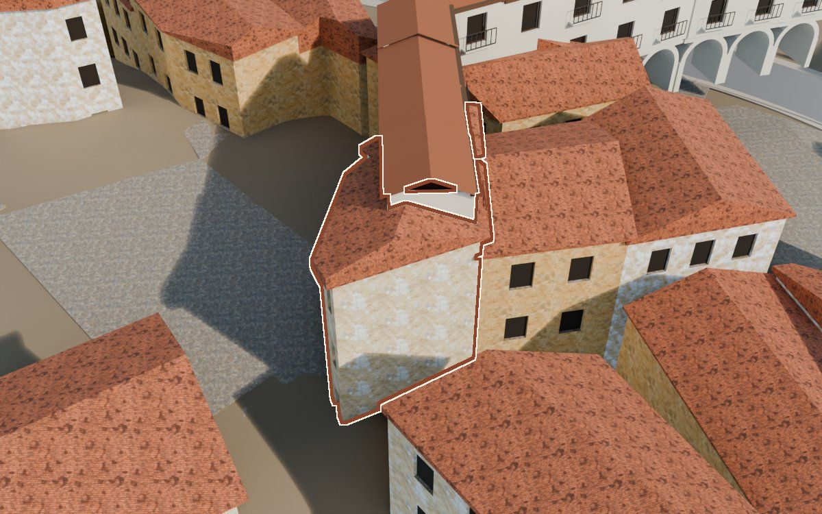 Casa del Carrer Major (Calle Mayor) en la reconstrucción 3D, vista desde el lado en que mejor se ve, con su contorno marcado en teja entre las casas de alrededor