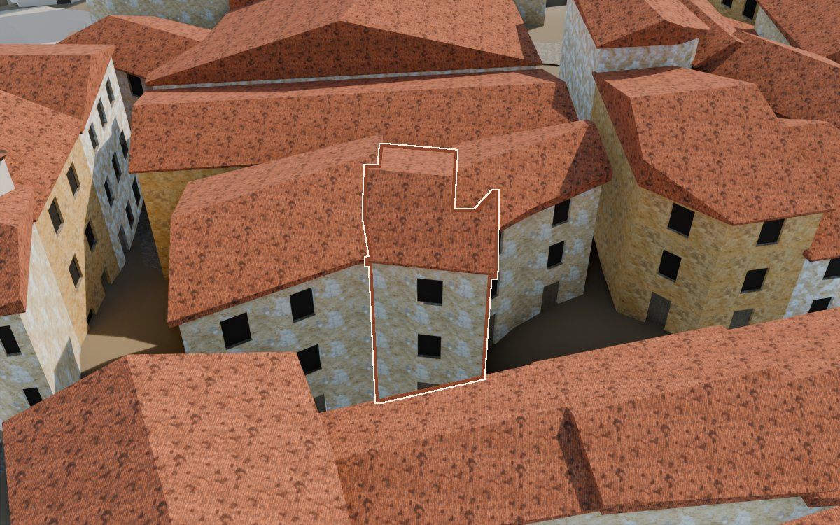 Casa del Carrer Major (Calle Mayor) en la reconstrucción 3D, vista desde el lado en que mejor se ve, con su contorno marcado en teja entre las casas de alrededor