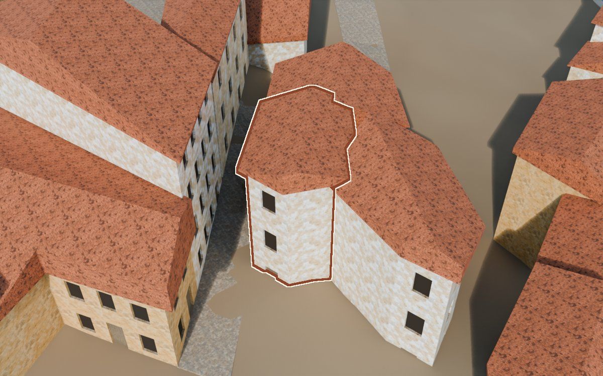 Casa del Carrer de la Puríssima (Calle de la Purísima) en la reconstrucción 3D, vista desde el lado en que mejor se ve, con su contorno marcado en teja entre las casas de alrededor
