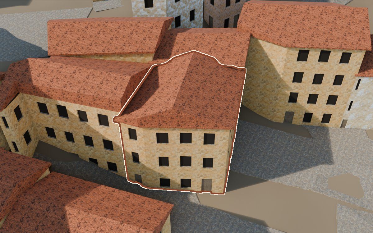 Casa del Carrer Barrinol (Calle Barrinol) en la reconstrucción 3D, vista desde el lado en que mejor se ve, con su contorno marcado en teja entre las casas de alrededor