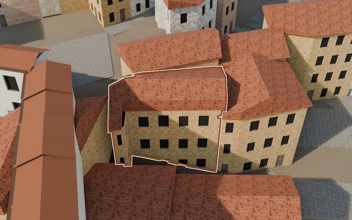 Casa del Carrer Barrinol (Calle Barrinol) en la reconstrucción 3D, vista desde su calle, con su contorno marcado en teja entre las casas de alrededor