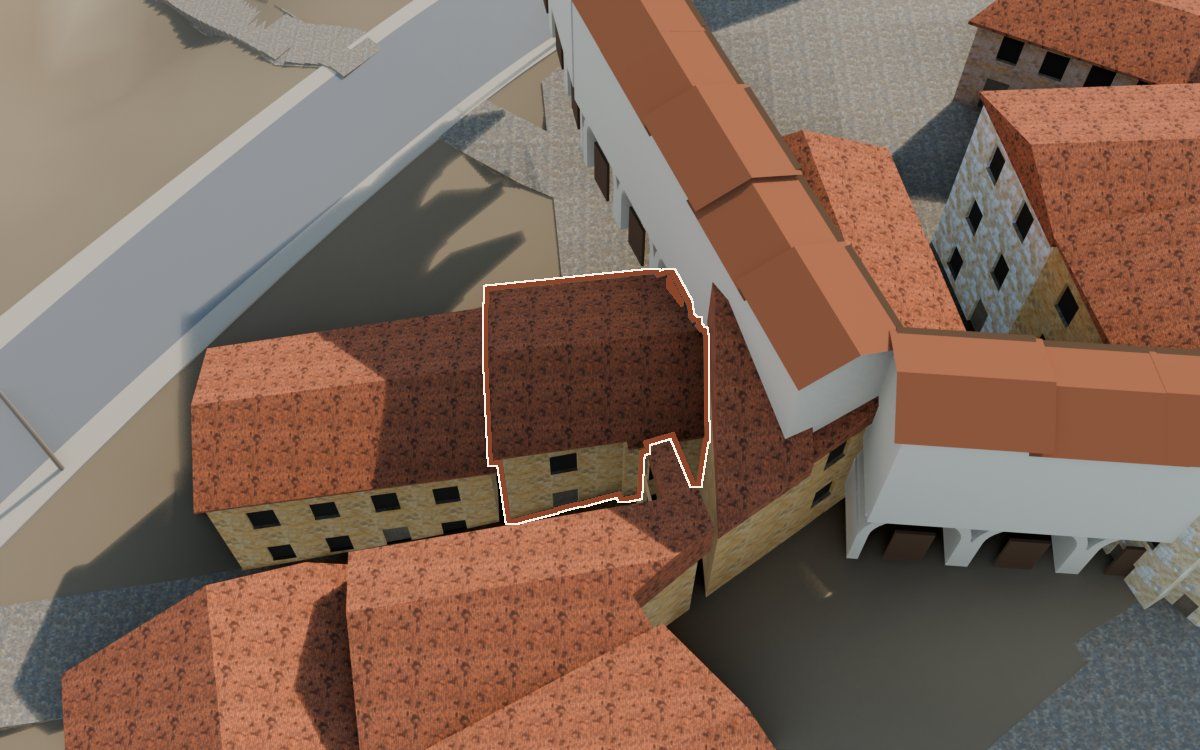 Casa del Carrer Barrinol (Calle Barrinol) en la reconstrucción 3D, vista desde el lado en que mejor se ve, con su contorno marcado en teja entre las casas de alrededor