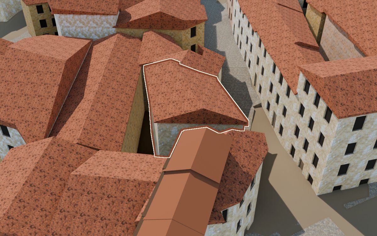 Casa del Carrer Major (Calle Mayor) en la reconstrucción 3D, vista desde su calle, con su contorno marcado en teja entre las casas de alrededor