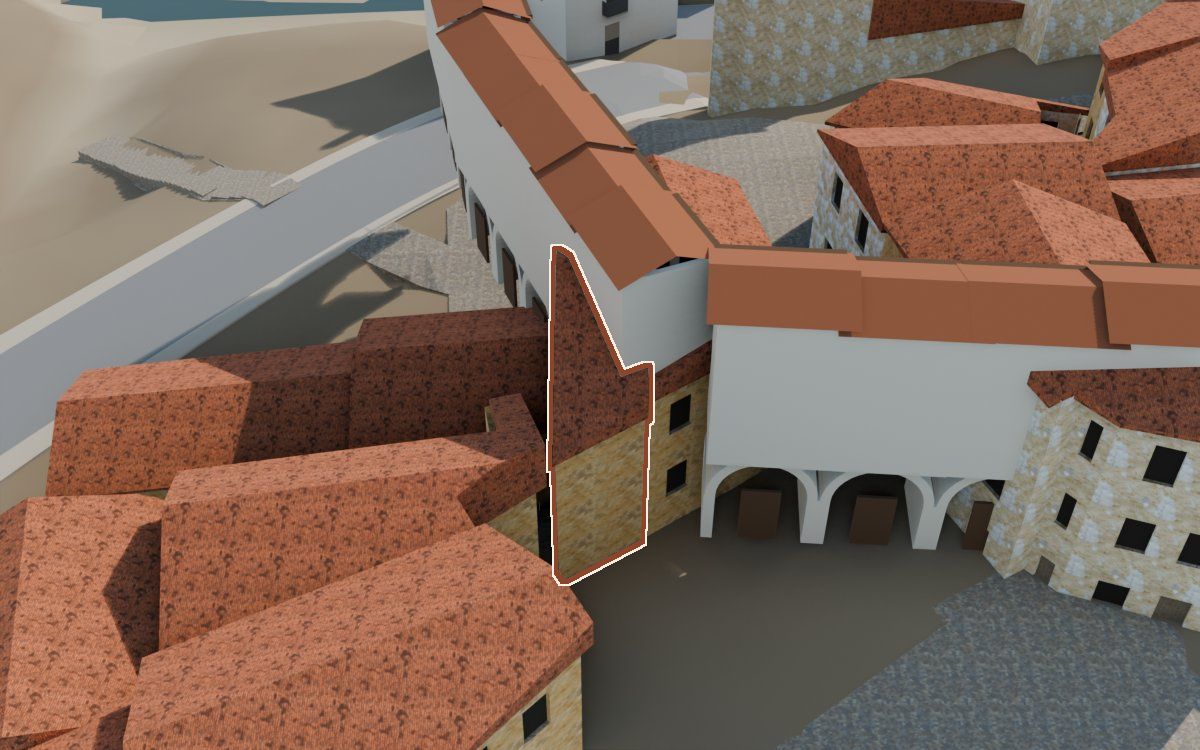 Casa del Carrer Faió (Calle Fayón) en la reconstrucción 3D, vista desde el lado en que mejor se ve, con su contorno marcado en teja entre las casas de alrededor