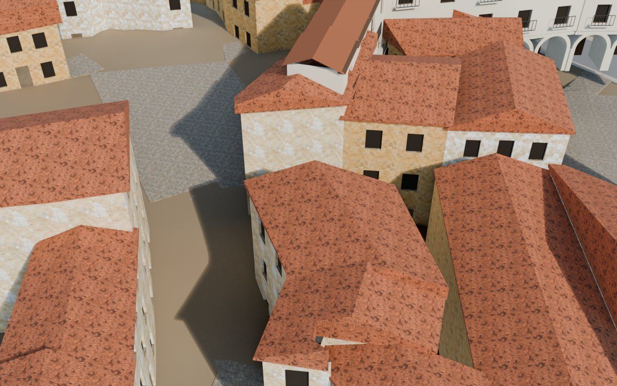 Casa del Carrer Major (Calle Mayor) en la reconstrucción 3D, vista desde su calle, con su contorno marcado en teja entre las casas de alrededor