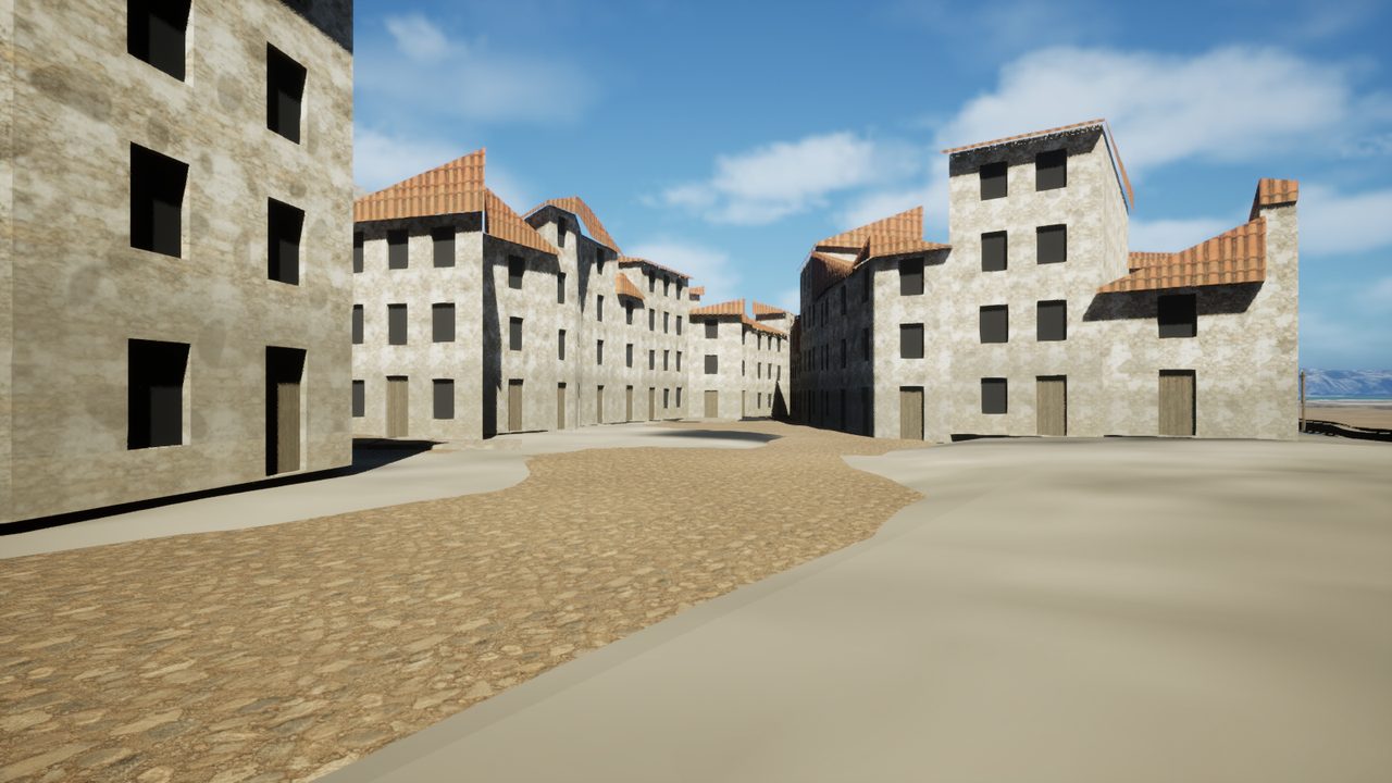 La Plaça d'Armes a pie de calle, con fachadas de cal y piedra y suelo empedrado, en la reconstrucción 3D