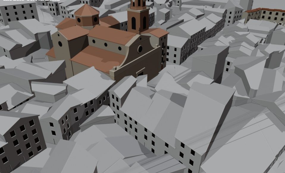La placeta de la iglesia en volúmenes grises, con la iglesia en color