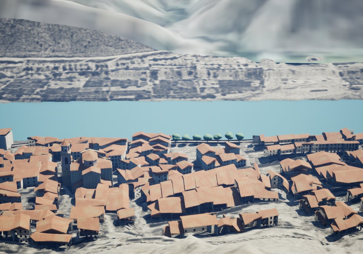 El pueblo entero junto al Ebro, con sus tejados de teja, visto desde lo alto en la reconstrucción 3D