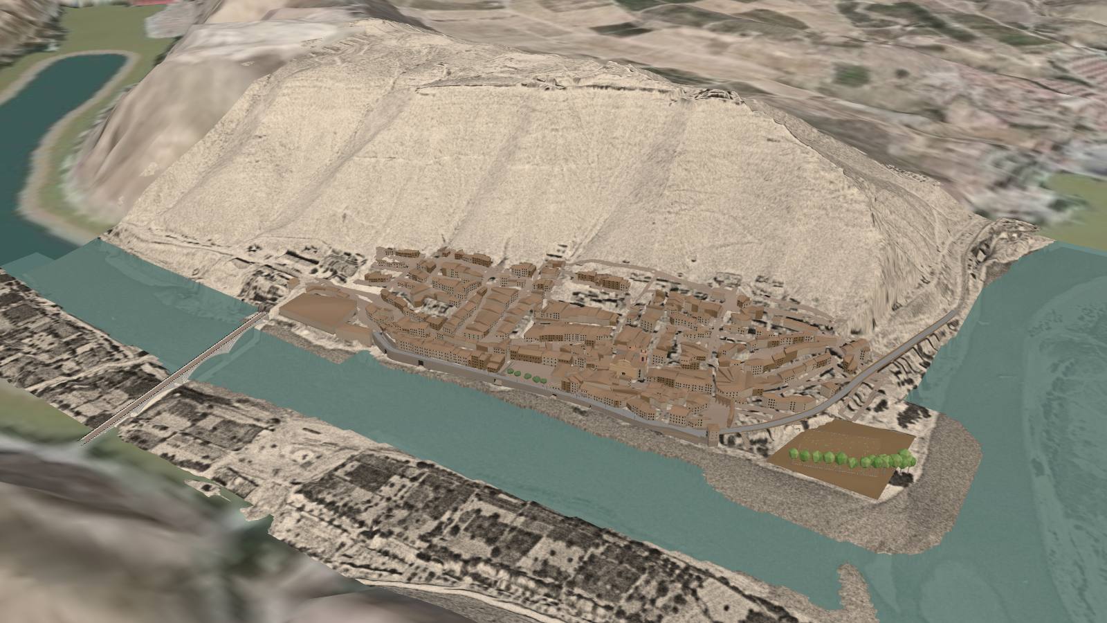 El pueblo viejo de Mequinenza reconstruido casa a casa junto al río, al pie del cerro, visto desde el sureste
